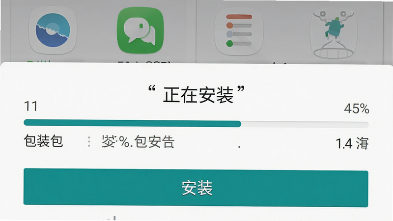 主体为安卓手机安装界面,布局为顶部应用图标,中间进度条,底部“安装”按钮,排版标准,风格为系统原生UI,细节包含百分比进度和安装包名称,画质高清,干净无广告干扰,文字“正在安装”加引号