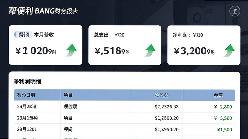 主体为帮便利BANG财务报表页面,布局为顶部汇总卡片与底部明细表格,顶部显示
