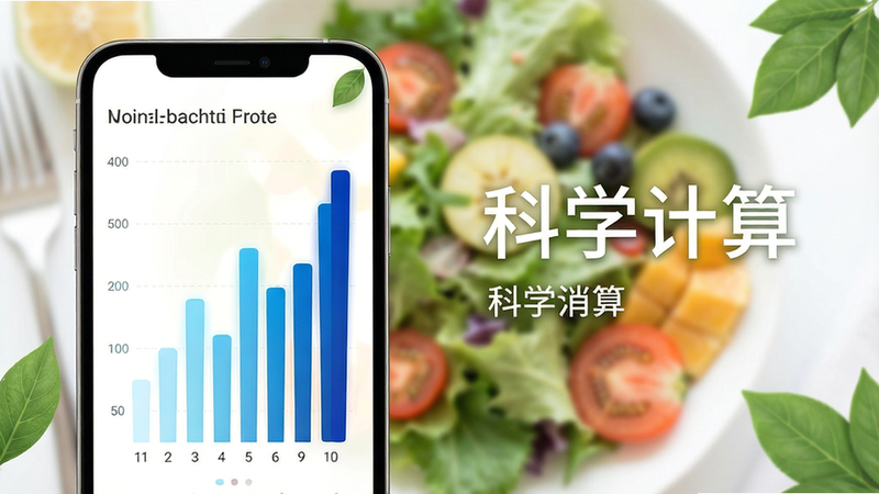 主体为手机屏幕界面,展示卡路里消耗图表,图表为动态柱状图,颜色由浅蓝渐变至深蓝。背景为健康的沙拉与水果虚化图,暗示健康饮食。布局左图右文,文字部分包含“科学计算”字样,排版工整。风格为清新健康风,细节处有叶子元素装饰,画质柔和明亮,干净,无多余装饰,强调健康理念