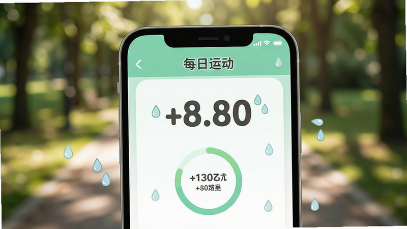 主体为智能手机屏幕特写,显示“每日运动”APP界面,主色调为清新的薄荷绿和白色,布局简洁现代。屏幕中央显示大号数字步数,下方有环形进度条展示卡路里消耗。背景为模糊的户外公园步道,阳光透过树叶洒下斑驳光影。排版清晰,字体圆润可爱,细节处有微小的水滴汗水图标点缀。风格为扁平化UI设计,高清,干净,无多余元素,真实感强