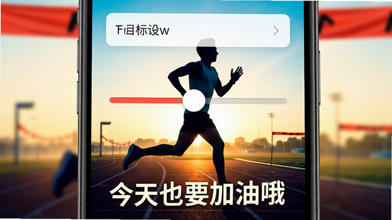 主体为手机界面,显示目标设定页面,滑块控件清晰可见。背景为跑步者在清晨跑道上的剪影,充满动感。布局上下结构,上方为设置选项,下方为激励性文案“今天也要加油哦”。风格为活力运动风,色彩鲜艳但不刺眼,细节处有终点线元素,画质清晰,干净,无杂乱线条,传递积极向上的氛围