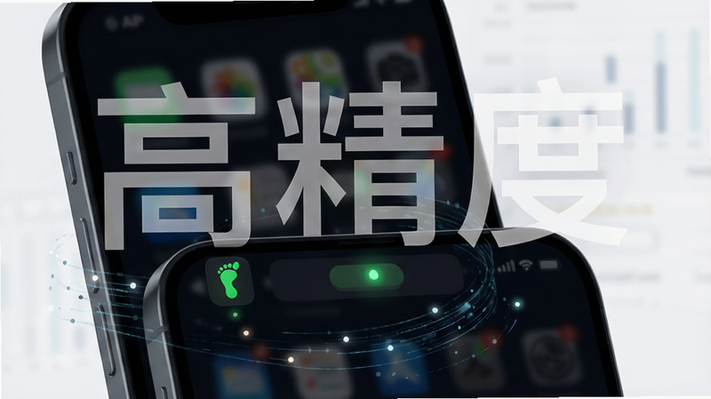 主体为手机侧面视角,展示APP运行时的后台状态栏,图标为绿色脚印。背景为深色模式下的手机桌面,周围环绕着抽象的数据流线条,象征精准计算。布局平衡,文字“高精度”以半透明大字浮于背景,排版极具科技感。风格为极简主义科技风,细节处有光点闪烁,画质锐利,干净,无杂乱背景,突出数据精准概念