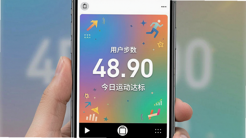 主体为手机分享界面预览图,显示一张精美的运动海报。海报背景为渐变色,中心是用户步数大字,下方有“今日运动达标”字样。布局垂直居中,文字排版美观。风格为社交媒体分享风,细节处有装饰性图形,画质高清,干净,无水印,适合朋友圈展示