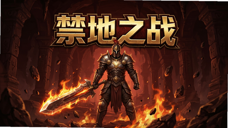 一张高质量的游戏主视觉海报,主体为“禁地之战”游戏Logo,背景是昏暗神秘的地下古城,中央有一位身穿铠甲的战士手持发光巨剑,周围环绕着火焰与岩石碎片,色调以暗红和金色为主,构图居中,风格写实硬朗,细节丰富,画质8k,无多余水印