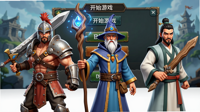 三个职业角色并排站立,左侧战士持剑,中间法师持法杖,右侧道士持木剑,背景为游戏主菜单界面,显示“开始游戏”按钮,角色形象鲜明,色彩区分明显,风格3D渲染,细节精致,无文字干扰