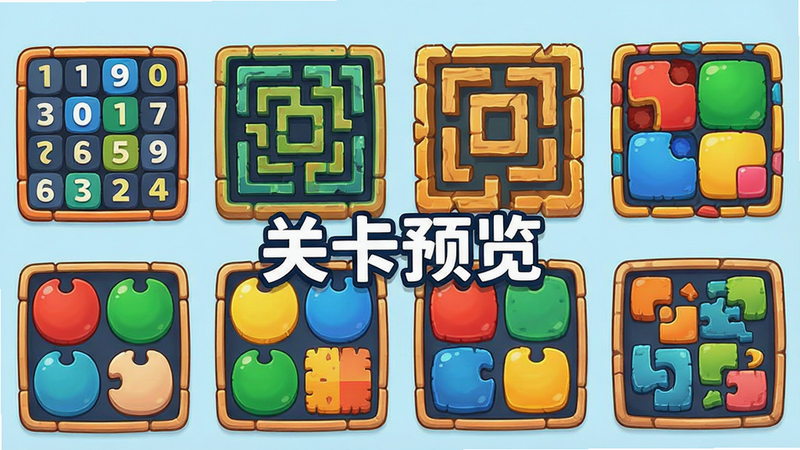 展示“脑力快挑战”中多个不同风格关卡的拼图,包括数字矩阵、迷宫路径、颜色匹配等,布局呈网格状排列,风格统一为明亮卡通风,细节精致,画质清晰,干净背景,文字“关卡预览”