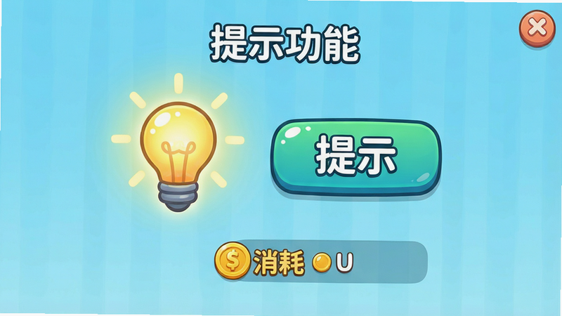 游戏内提示功能界面,显示一个灯泡图标点亮,旁边有“提示”按钮,布局居中,风格卡通明亮,细节包括金币消耗提示,画质清晰,干净背景,文字“提示功能”