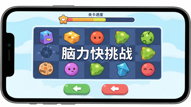 主体为手机屏幕展示“脑力快挑战”游戏主界面,布局清晰,顶部显示关卡进度条,中间是色彩鲜艳的解谜元素,底部有简洁的操作按钮,风格为扁平化卡通设计,细节丰富,画质高清,干净无多余元素,文字“脑力快挑战”居中显示