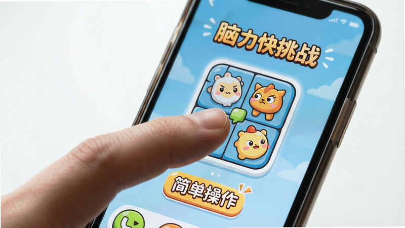 特写手指在手机屏幕上进行滑动操作的瞬间,屏幕显示“脑力快挑战”的简单谜题,布局聚焦于手部动作与屏幕反馈,风格写实结合卡通UI,细节自然,画质高,干净背景,文字“简单操作”