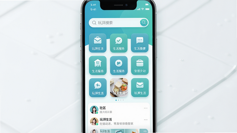 主体为玩湃生活APP的手机界面全屏展示,布局采用中心对称式,顶部是醒目的搜索栏,中部是网格状的生活服务入口图标,底部是流畅的社区动态流,风格为现代扁平化设计,色彩以清新的蓝绿色调为主,细节处体现光影质感,画质清晰锐利,干净无多余元素,文字标注“玩湃生活”