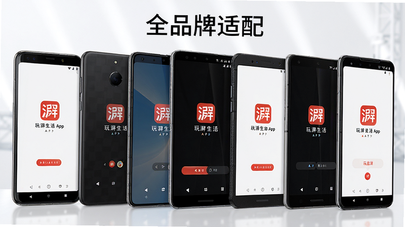 主体为多部不同品牌安卓手机并列展示,屏幕均显示玩湃生活APP启动画面,布局整齐排列,风格为产品发布会风格,细节体现手机边框质感,画质高清,干净,文字标注“全品牌适配”
