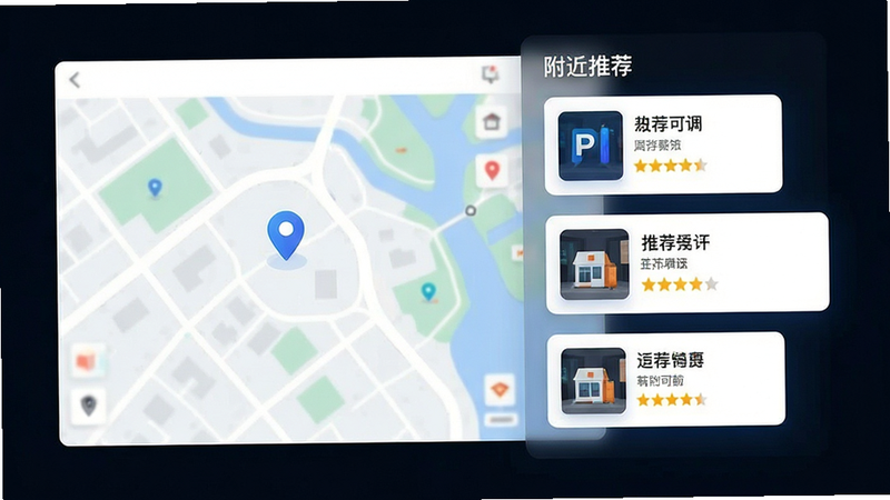 主体为地图界面与店铺卡片结合的视觉图,布局左侧为简化地图背景,右侧悬浮展示三家推荐店铺卡片,风格为科技简约风,细节包含定位图标与评分星级,画质高清,干净,文字标注“附近推荐”