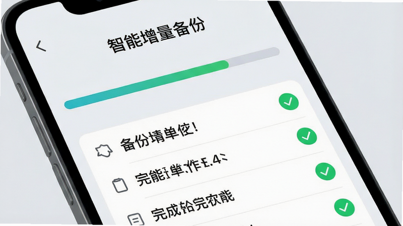 主体为手机屏幕界面截图风格,显示进度条正在快速推进,背景为柔和的浅灰色,上方有“智能增量备份”字样,下方列出已备份文件清单,布局清晰直观,排版为列表式,风格为UI设计稿,细节处有绿色对勾标识表示完成,画质清晰,干净无多余元素