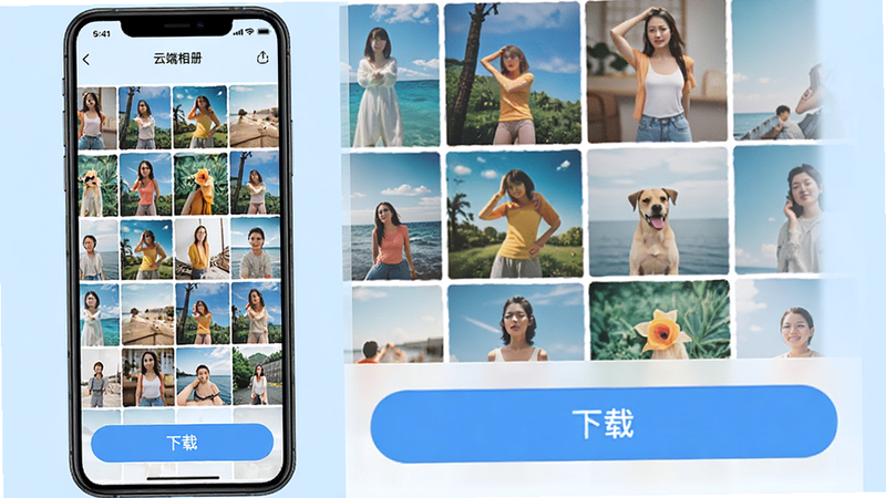 主体为一个手机界面,显示“云端相册”页面,里面有大量照片缩略图,下方有一个大大的“下载”按钮,背景为浅蓝色,布局清晰,排版为网格加按钮,风格为APP界面,细节处照片色彩鲜艳,画质高清,干净无多余元素