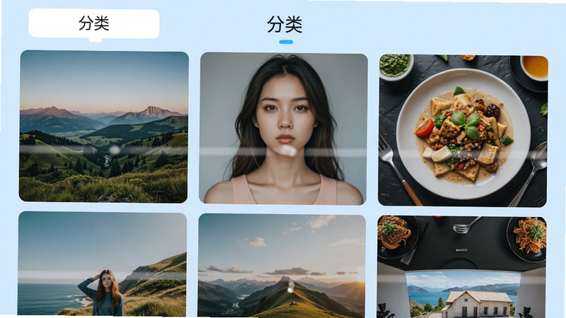 主体为一个九宫格相册界面,每个格子显示不同类别的照片缩略图,如风景、人像、食物,上方有标签栏显示“分类”,背景为浅蓝色,布局规整,排版为网格状,风格为APP界面设计,细节处标签高亮显示,画质清晰,干净无多余元素
