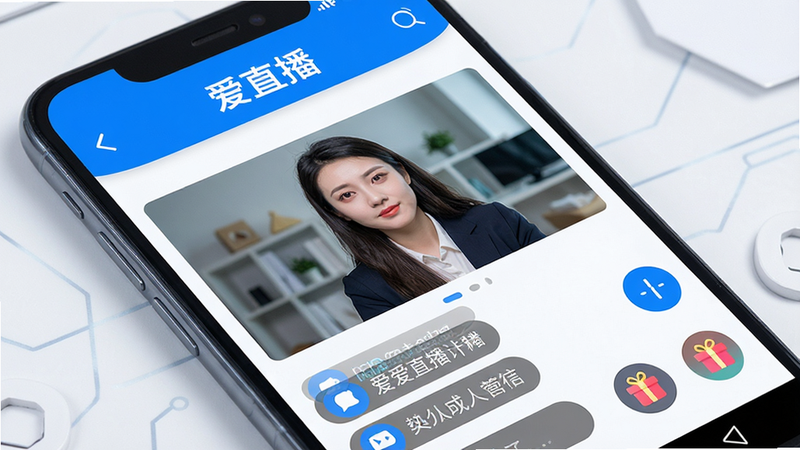 主体为安卓手机屏幕特写,屏幕中显示爱直播APP界面,顶部有