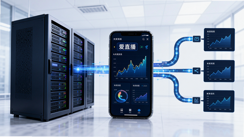 主体为服务器机房与手机连接示意图,屏幕显示