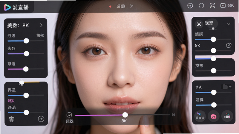 主体为女性主播面部特写,屏幕界面显示
