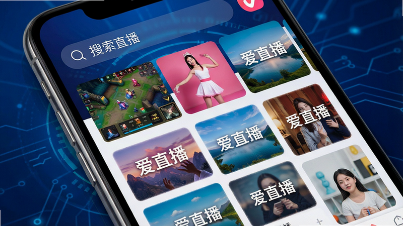 一张高清手机屏幕特写,主体显示爱直播APP首页界面,顶部搜索栏清晰,下方网格排列多个直播封面,包括游戏、舞蹈、风景等,色彩鲜艳,背景为深蓝色科技感渐变,布局整洁,文字“爱直播”醒目,风格现代简约,细节丰富,画质4k,干净,无多余元素