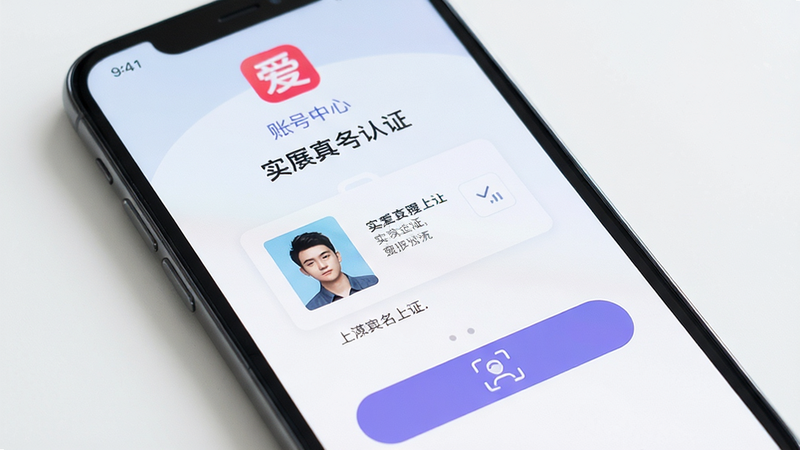 手机屏幕显示实名认证页面,包含身份证上传框与人脸识别按钮,主体为爱直播APP账号中心,背景浅色,排版规范,风格简洁现代,细节清晰,画质高清,干净,无多余元素