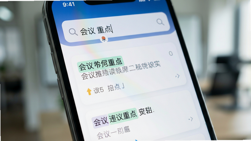 展示搜索界面的手机屏幕,搜索框内显示“会议 重点”,下方列出几条带有高亮关键词的笔记卡片,背景虚化处理,聚焦于搜索结果的精准呈现,现代UI设计风格,清晰锐利