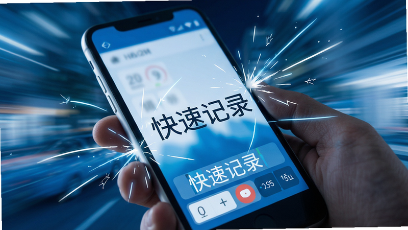 动态模糊背景下的手机特写,突出屏幕上的快速输入状态,周围环绕着代表思维火花的简洁线条,整体色调为科技蓝与白色,体现速度与科技感,高清细节,文字“快速记录”清晰显示