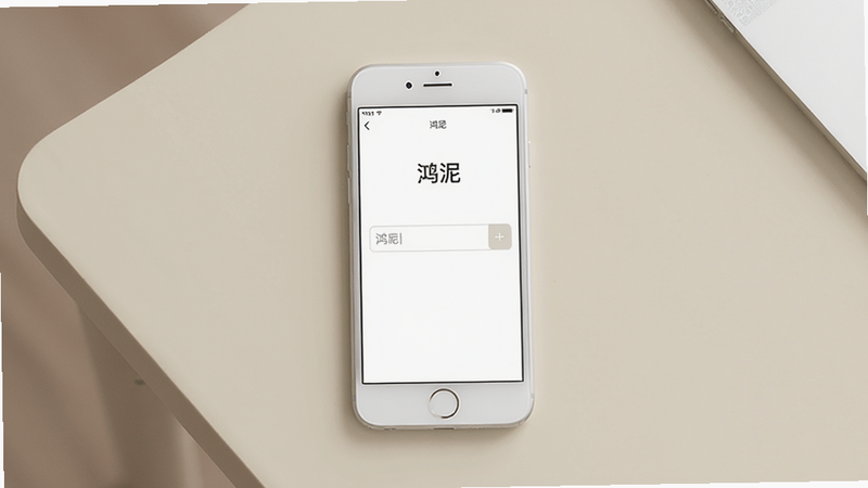 一张极简风格的手机界面展示图,主体为一部白色智能手机,屏幕显示“鸿泥”APP界面,背景为干净的米色桌面,界面中心有一个醒目的输入框,周围留白充足,体现极简美学,高清写实风格,无多余装饰,文字清晰可见为“鸿泥”