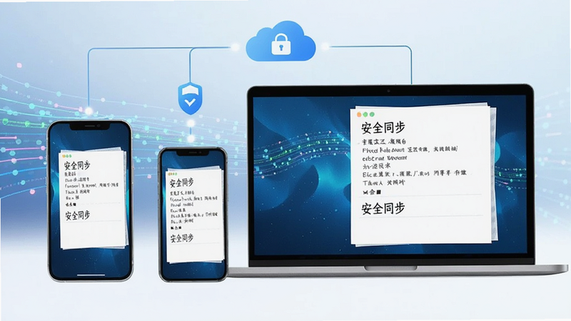 三部不同尺寸的手机和一台笔记本电脑屏幕同时显示相同的笔记内容,通过云端图标连接,背景为抽象的数据流线条,象征同步与安全,蓝色调为主,画面整洁,文字“安全同步”可见