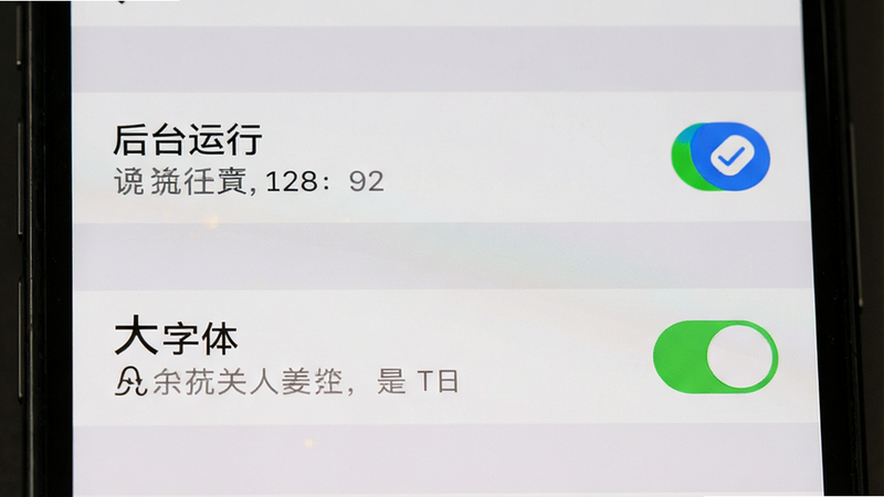 主体为手机端设置界面,布局展示“后台运行”与“大字体”开关状态,排版清晰,风格为系统原生设置风格,细节显示勾选状态与说明文字,画质清晰,无无关图标