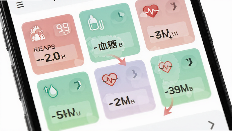 主体为手机屏幕上的多指标监测面板,布局为网格状卡片设计,分别显示血压、血糖、心率图标及数值,排版整齐,风格清新简约,细节体现数据刷新动画效果,画质清晰,背景纯白