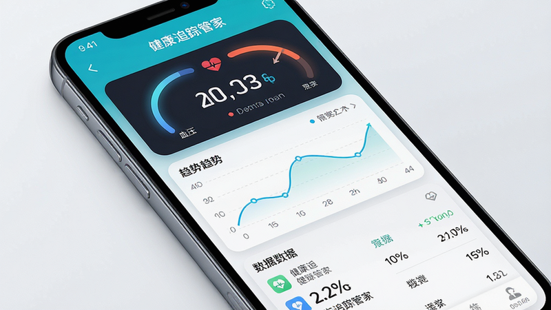 主体为一部现代智能手机,屏幕显示“健康追踪管家”App界面,布局清晰,顶部为血压心率仪表盘,中部为趋势折线图,底部为数据列表,风格为极简科技风,细节展现清晰的数字与图标,画质高清,干净无多余元素