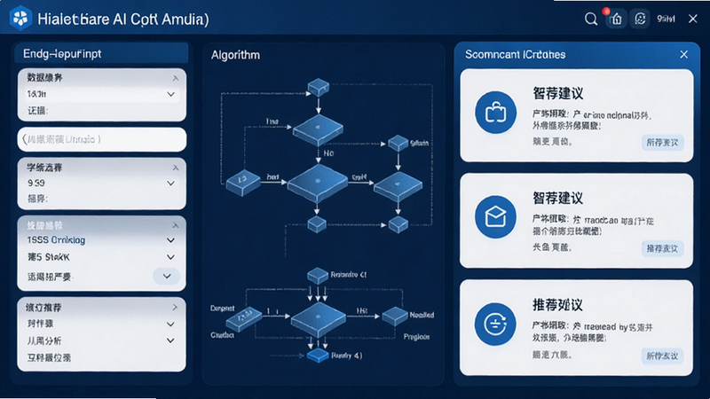 主体为健康数据AI分析界面,布局包含左侧数据输入框与右侧智能建议卡片,排版紧凑,风格为医疗科技蓝白色调,细节展示算法逻辑图示与推荐文字,画质细腻,无杂乱背景