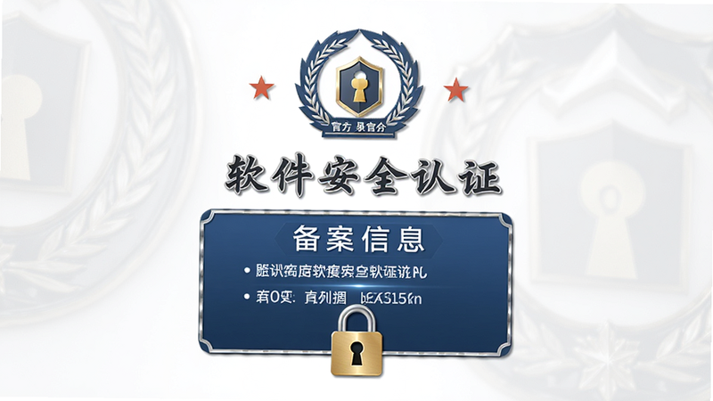 主体为软件安全认证标识,布局包含官方Logo、备案信息框与安全锁图标,排版居中,风格严肃正式,细节显示文字清晰可读,画质高保真,无水印