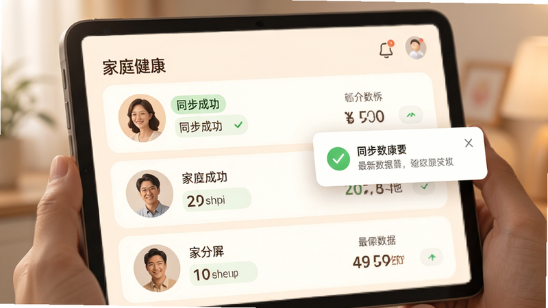 主体为家庭健康关联界面,布局展示家庭成员头像与最新数据摘要,排版为列表形式,风格温馨亲和,细节显示“同步成功”标识与通知弹窗,画质柔和,无干扰元素