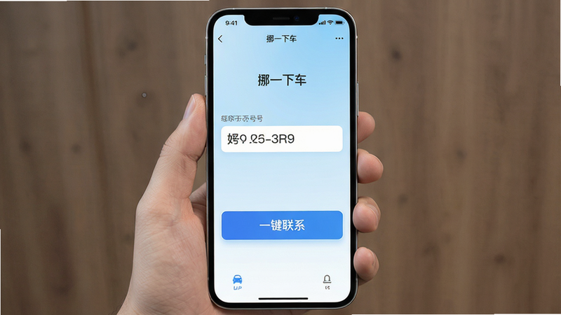 一张高清手机界面截图,展示“挪一下车”APP的主页,背景为简洁的浅蓝色渐变,中央有一个醒目的车牌号输入框,下方是大号的“一键联系”按钮,整体风格现代、干净,无多余装饰元素,画质清晰,文字清晰可见