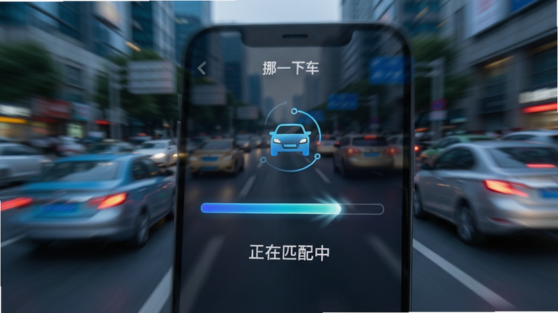 手机屏幕特写,显示“挪一下车”APP正在加载数据的动画界面,进度条快速推进,背景模糊显示城市街道车辆场景,突出速度感与科技感,文字“正在匹配中”清晰显示,风格简洁现代