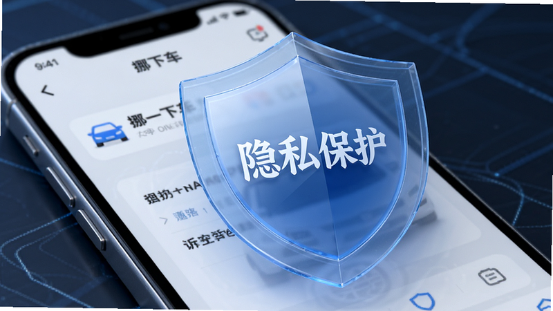 盾牌图标与手机界面的结合图,盾牌呈半透明蓝色,中间显示“隐私保护”字样,背景为“挪一下车”APP的局部界面,强调安全与信任感,色调冷峻专业,细节精致,无杂乱元素