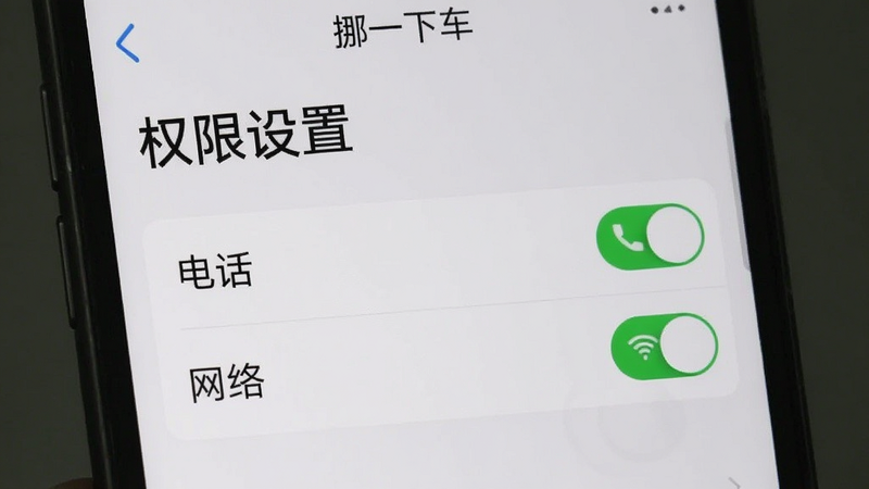 手机设置界面截图,显示“挪一下车”APP的权限管理页面,高亮显示“电话”和“网络”权限开关,背景为浅灰色,文字“权限设置”清晰可见,风格简洁直观,无多余图标