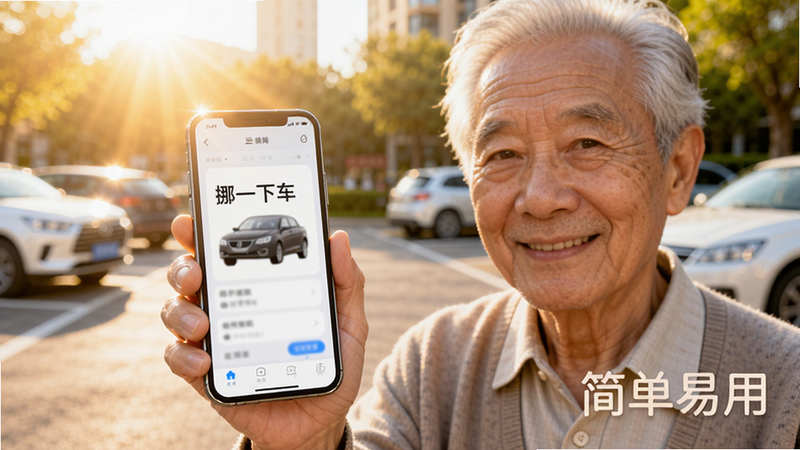 一位老人手持手机,屏幕上显示“挪一下车”APP界面,老人面带微笑,背景是明亮的社区停车场,阳光洒在手机屏幕上,营造温馨、易用的氛围,文字“简单易用”以柔和字体展示在角落,整体画面温暖且清晰
