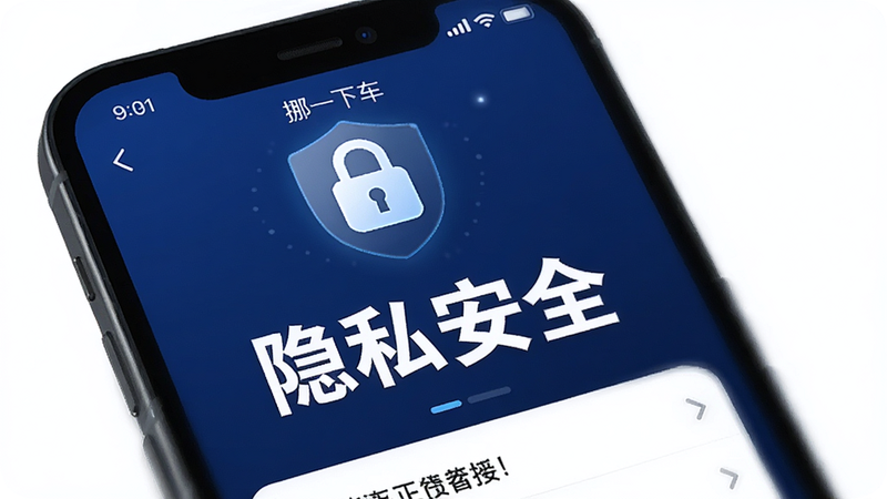 一个带有锁形图标的手机界面,显示“挪一下车”APP的隐私保护设置页面,背景为深蓝色,文字“隐私安全”以白色粗体显示,整体风格稳重、可信,细节处有微光效果,无多余装饰