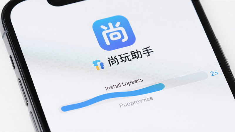 一个手机屏幕的特写,显示安装进度条正在运行,上方有尚玩助手的Logo和名称。背景为干净的白色,突出安装过程。风格极简,科技感,高清。