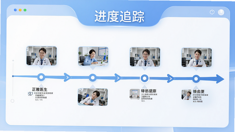 生成一张‘正雅医生’进度追踪界面示意图,主体为时间轴样式的UI设计,布局线性流动,风格流畅现代,细节包含不同阶段的缩略图、关键节点标记和箭头指示,画质清晰,无杂乱元素,文字‘进度追踪’嵌入在界面标题中