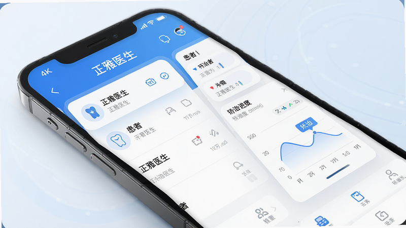 生成一张高清数字艺术插画,主体为‘正雅医生’App的移动端界面预览,布局采用简洁的卡片式设计,左侧显示患者列表,右侧展示矫治进度图表,整体色调为医疗蓝与白色,风格现代科技感强,细节包含清晰的UI图标、柔和的阴影效果,画质4K,干净无多余元素,文字‘正雅医生’清晰可见