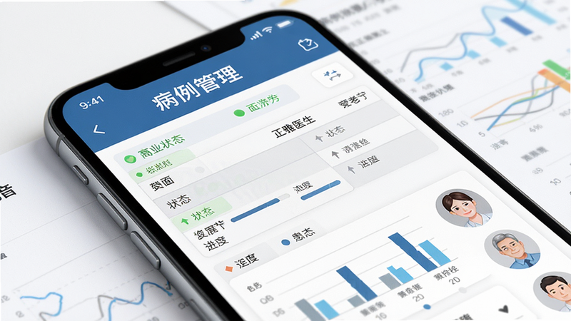 生成一张展示‘正雅医生’病例管理功能的特写图,主体为手机屏幕显示的数据表格和图表,布局紧凑有序,排版清晰,风格专业严谨,细节包括高亮的状态指示器、进度条和患者头像,画质高保真,干净背景,文字‘病例管理’醒目