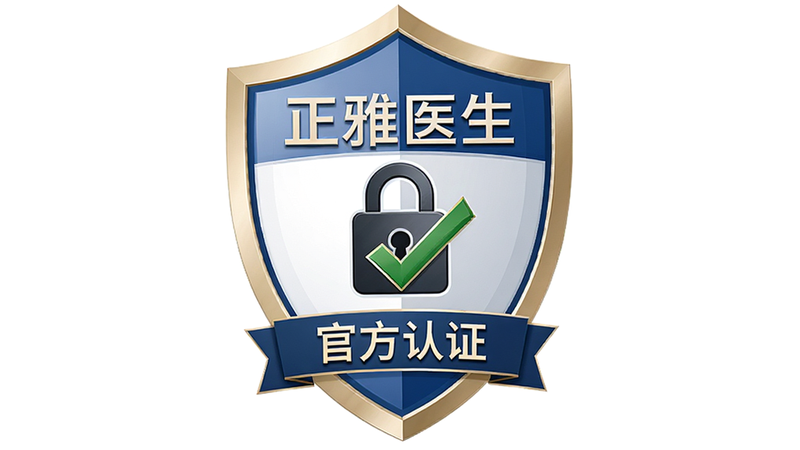 生成一张‘正雅医生’安全认证标识图,主体为盾牌形状的图标,布局居中,风格简洁权威,细节包含锁头符号、对勾标记和‘官方认证’文字,画质高清,干净背景,无多余装饰