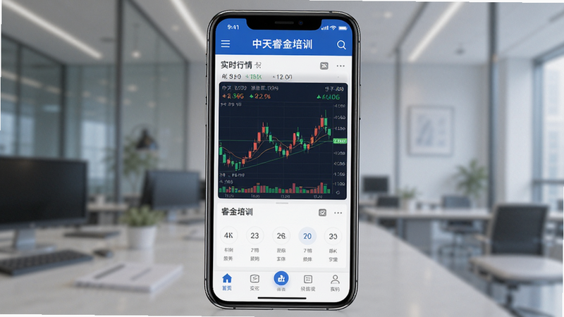 主体是“中天睿金培训”手机应用界面,布局清晰分为顶部导航栏、中部实时行情模拟区与底部功能菜单,排版工整对称,风格为商务蓝白极简风,细节处显示股票代码与K线图,画质4k高清,干净无多余元素,文字标注“中天睿金培训”