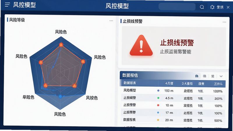 主体是风控监控仪表盘,布局包含风险等级雷达图、止损线预警图标与数据报表,排版严谨专业,风格为严肃商务蓝,细节显示风险阈值刻度与警报标识,画质细腻,干净无干扰元素,文字标注“风控模型”