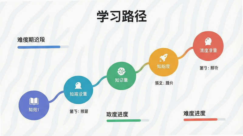 主体是个性化学习路径地图,布局呈现节点式进阶路线,不同难度颜色区分,排版清晰引导性强,风格为现代简约教育风,细节显示知识点图标与进度条,画质清晰,干净无冗余装饰,文字标注“学习路径”