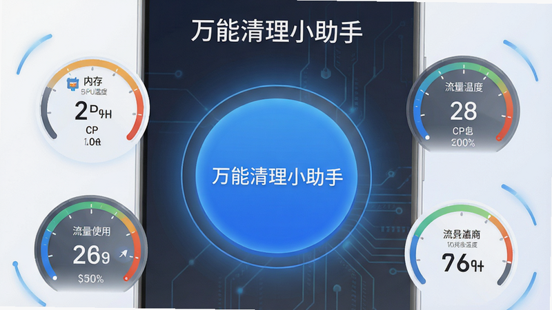 主体为一款名为“万能清理小助手”的安卓APP界面展示,布局采用中心对称设计,中央是一个巨大的蓝色圆形清理按钮,周围环绕着手机内存、CPU温度、流量使用等数据仪表盘,排版简洁现代,风格为扁平化科技风,细节处有微弱的蓝色光晕效果,画质4k高清,干净,无多余元素,背景为浅白色渐变,文字清晰显示“万能清理小助手”