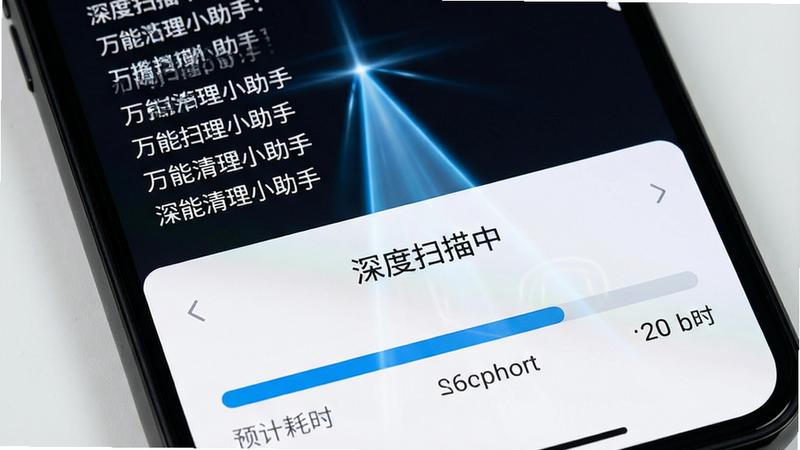 主体为手机屏幕特写,显示“万能清理小助手”的扫描进度界面,布局分为上下两部分,上部为实时扫描日志滚动显示,下部为进度条和预计耗时,排版紧凑有序,风格为极简主义,细节处有扫描光束动态效果,画质清晰,干净,无多余元素,文字显示“深度扫描中”